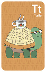 Turtle T letter. A-Z Alphabet collection with cute cartoon animals in 2D. Turtle with sunglasses is standing. Smiling green turtle with cup of tea on the shell. Hand-drawn funny simple style.
