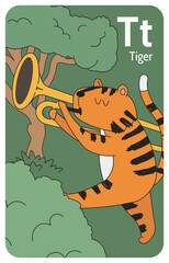 Tiger T letter. A-Z Alphabet collection with cute cartoon animals in 2D. Tiger going among trees and playing trombone. Orange tiger closed its eyes and enjoys the music. Hand-drawn funny simple style.