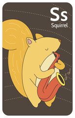 Squirrel S letter. A-Z Alphabet collection with cute cartoon animals in 2D. Yellow squirrel with closed eyes standing and playing the saxophone. Hand-drawn funny simple style.