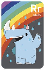 Rhinoceros R letter. A-Z Alphabet collection with cute cartoon animals in 2D. Rhinoceros standing and showing victory peace sign. Blue rhino smiling under rainbow, rain. Hand-drawn funny simple style.
