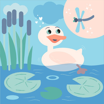 An image of a small duck swimming in the reeds and admiring a dragonfly. Vector illustration.