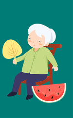 Old grandmother sits under the tree and enjoys the shade in summer, fanning with a fan, vector illustration