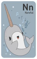 Narwhal N letter. A-Z Alphabet collection with cute cartoon animals in 2D. Narwhal is swimming under the water. Grey narwhal smiling and singing. Hand-drawn funny simple style.