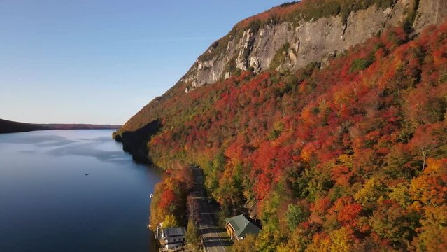 Beautiful aerial drone footage of the fall leaves on and around Mount Hor, Mount Pisgah, and Lake Willoughby during peak autumn foliage at Willoughby State forest in Westmore, Vermont. NEK