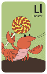 Lobster L letter. A-Z Alphabet collection with cute cartoon animals in 2D. Lobster standing and waving by a lollipop. Red lobster looking at the camera and saying hello. Hand-drawn funny simple style.