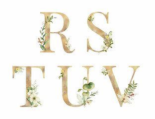 Floral vector golden alphabet, letters R, S, T, U, V.