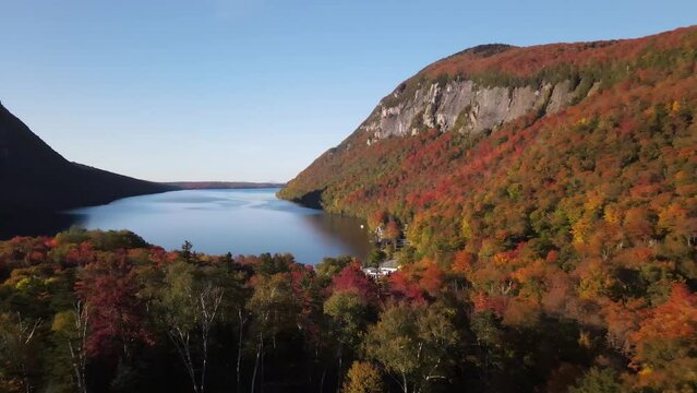 Beautiful aerial drone footage of the fall leaves on and around Mount Hor, Mount Pisgah, and Lake Willoughby during peak autumn foliage at Willoughby State forest in Westmore, Vermont. NEK
