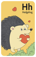 Hedgehog H letter. A-Z Alphabet collection with cute cartoon animals in 2D. Hedgehog standing and carrying a heart. Hedgehog looking lovingly aside and want to give gift. Hand-drawn funny simple style