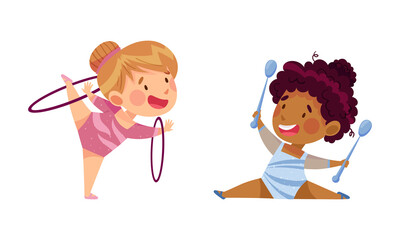 Kids gymnastic athletes practicing with sports equipment. Girls doing rhythmic and sports gymnastics exercise with hoop and gymnastic maces cartoon vector illustration