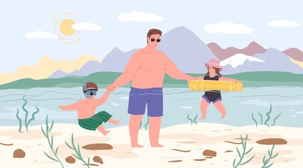 Fototapeta premium Vector cartoon family characters doing outdoor sports together,dad and little kids learn to swim-happy childhood,sporty healthy family relationships social concept,web site banner ad design