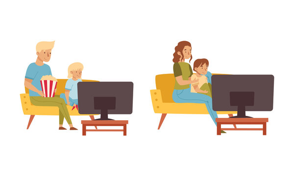 Family watching TV at home. Parents and kids spending time together vector illustration