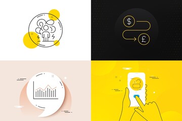 Minimal set of Money transfer, Money diagram and Difficult stress line icons. Phone screen, Quote banners. Tickets icons. For web development. Currency exchange, Currency diagram, Mind anxiety. Vector