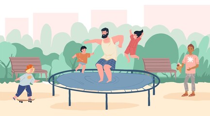 Vector cartoon family characters doing outdoor sports together,dad and kids jump on trampoline in park-happy childhood,sporty healthy family relationships social concept,web site banner ad design