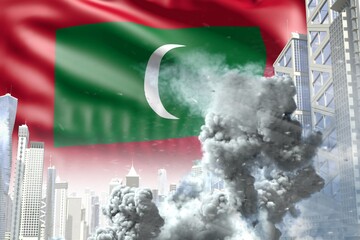 huge smoke pillar in abstract city - concept of industrial blast or act of terror on Maldives flag background, industrial 3D illustration