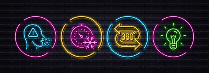 Cough, Freezing timer and 360 degree minimal line icons. Neon laser 3d lights. Idea icons. For web, application, printing. Flu symptom, Air conditioning, Virtual reality. Light bulb. Vector