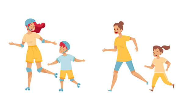 Family members spending time together set. Parents and kids rollerblading and running vector illustration