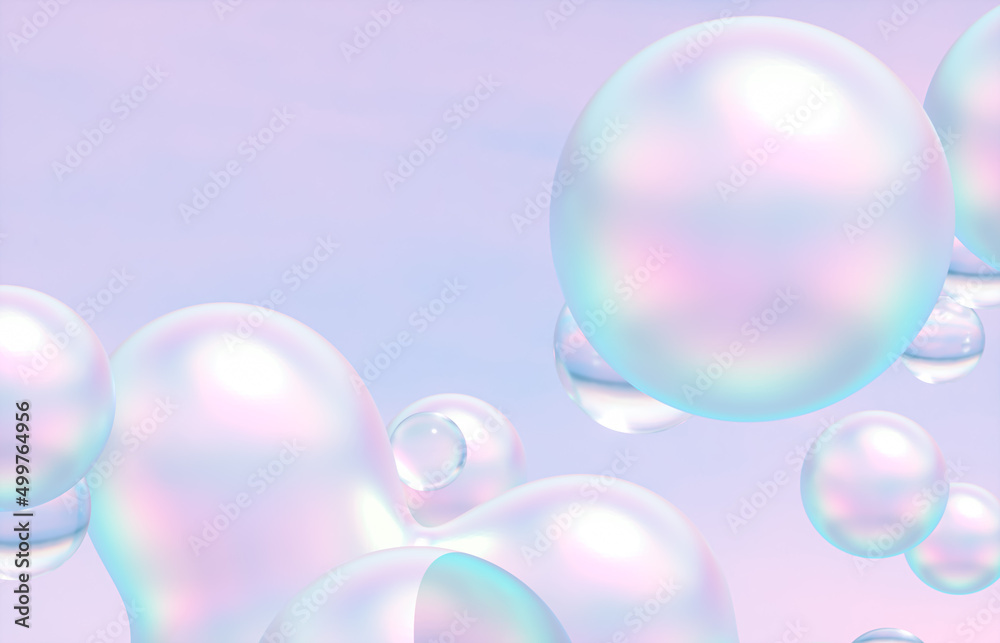 Poster Abstract 3d art background. Holographic floating liquid blobs, soap bubbles, metaballs.