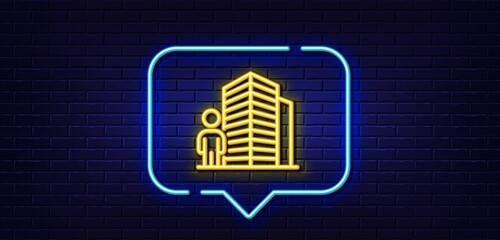 Neon light speech bubble. Agent line icon. Real estate realtor sign. Building architect symbol. Neon light background. Agent glow line. Brick wall banner. Vector