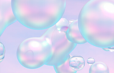 Abstract 3d art background. Holographic floating liquid blobs, soap bubbles, metaballs.
