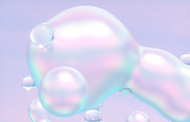 Abstract 3d art background. Holographic floating liquid blobs, soap bubbles, metaballs.