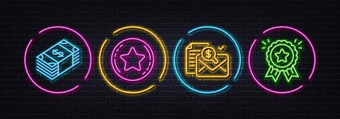 Loyalty star, Usd currency and Accounting report minimal line icons. Neon laser 3d lights. Loyalty award icons. For web, application, printing. Bonus reward, Buying commerce, Check finance. Vector