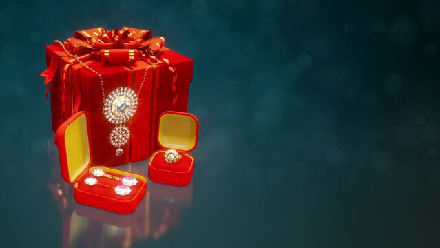 red boxes with golden ring, eardrops and choker with diamonds