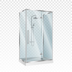 Realistic glass shower cabin with transparent door and cubicle faucet. Modern cabinet box