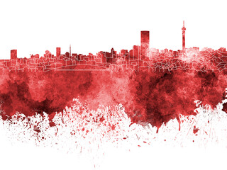 Johannesburg skyline in red watercolor on white background