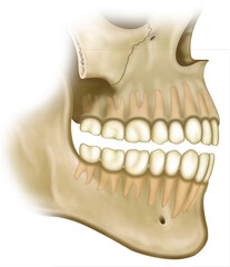 Ilustración anatómica del maxilar y la mandíbula. El maxilar superior le da forma a la cavidad nasal. La mandíbula es el hueso que se mueve y fija los músculos de la masticación y de otros movimientos - obrazy, fototapety, plakaty