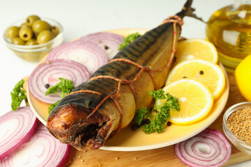 Concept of tasty food with smoked mackerel, close up