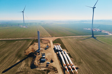 Windmill generator wing prepared for assembling on ground, Construction site for wind power...