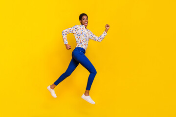 Fototapeta na wymiar Full size profile photo of energetic sportive person rush speed good mood isolated on yellow color background