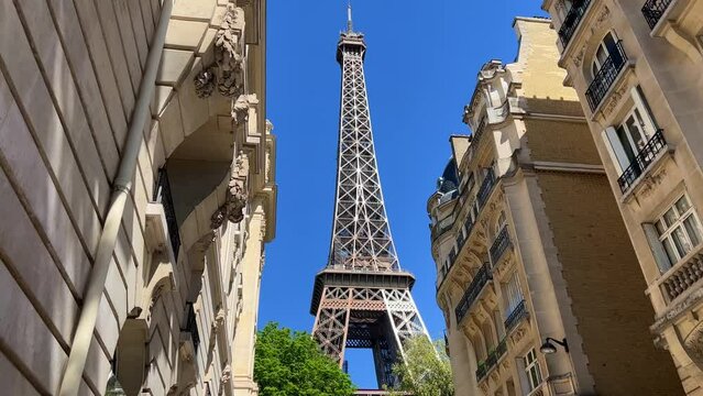 Eiffel Tower, Paris, France, Europe. Overview upward. High quality 4k footage