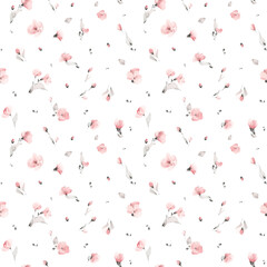 seamless floral watercolor pattern with garden pink flowers, grey leaves, branches. Botanic tile, background.