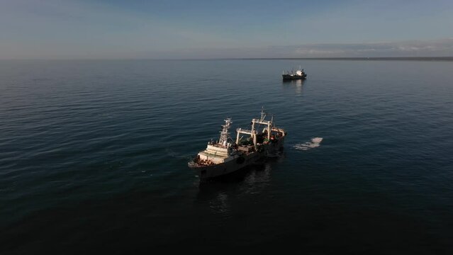 Fishing boats are sailing on the sea. The fishing vessel approaches the fish processing vessel to transfer the caught fish.