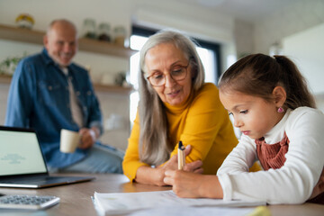 Small girl with senior grandparents doing maths homework at home.