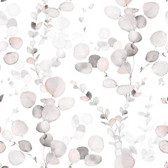 seamless floral watercolor pattern with garden leaves, branches eucalyptus. Botanic tile, background.