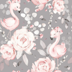 seamless floral watercolor pattern with garden pink flowers roses, peonies, leaves and baby flamingo. Botanic tile, background. © lisima