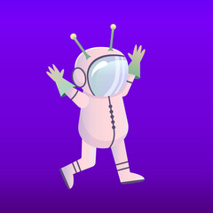 Space astronaut alien martian character is flying in space. Cartoon game character in spacesuit and helmet. Monster with green horns. Vector illustration