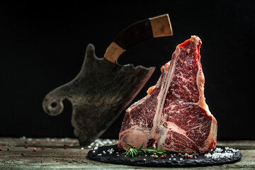 The T-bone or porterhouse steak of beef cut from the short loin. steak include T-shaped bone with...