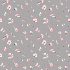 seamless floral watercolor pattern with garden pink flowers, grey leaves, branches. Botanic tile, background.
