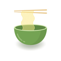 Bowl of instant noodles, chopsticks, Asian food design. Vector illustration.