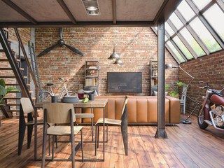 Industrial Style Loft Apartment with indoor balcony, 3d render