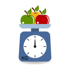 Weigh apples on a scale in a store or market. Flat vector illustration isolated on white background.