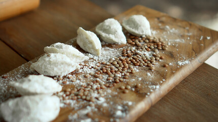 Russian fresh handmade dumplings lying on the wooden table on the cutting board