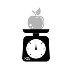Weigh apples on a scale in a store or market. Flat vector illustration isolated on white background.
