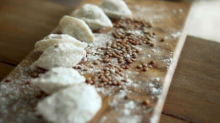 Russian fresh handmade dumplings lying on the wooden table on the cutting board