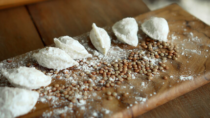Fototapeta na wymiar Russian fresh handmade dumplings lying on the wooden table on the cutting board
