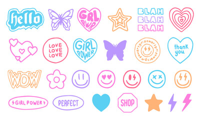 Cool Girly Stickers Pack. Trendy Y2K Hand Drawn Patches. Pop Art Elements.