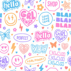 Cool Hand Drawn Girly Stickers Collage Seamless Pattern. Girl Patches Background Vector Design.